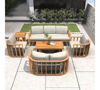 Abrihome Curved Back Acacia Wood Outdoor Sofa Set - 7 Piece Garden Lounge With Olifen Cushions - Teak Finish
