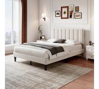 Abrihome Double Upholstered Velvet Bed Frame, With Adjustable Channel Tufted Headboard, Solid Wood Slat And Mute Foam, Beige