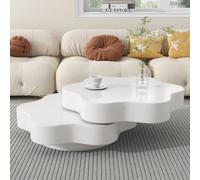 Abrihome Flower-Shaped Coffee Table, 360 Degree Rotating Tabletop, Double-Layer Sofa Sidetable, 2 Shelves, Mdf, Cream White