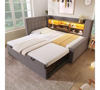 Abrihome Grey Linen Single Daybed With Storage, Usb-C Charging & Pull-Out Trundle, 90X190Cm