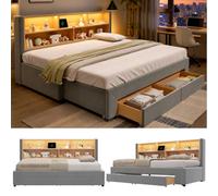 Abrihome Grey Velvet 3Ft Extendable Sofa Bed With Led Headboard, Usb Charging & 2 Drawers, Extends To 180Cm