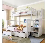 Abrihome Kids High Sleeper Bed With Storage Stairs & Drawer, White Space-Saving Loft Bed Frame (No Mattress)