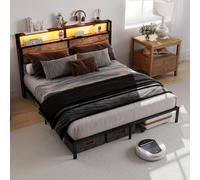 Abrihome King Metal Bed Frame 150X200 Cm With Rgb Smart Led Lights And Storage Headboard, Heavy Duty 363Kg Capacity Noise Free