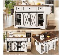 Abrihome Kitchen Island Trolley With Extendable Worktop And Power Connection, 91Cm Working Height White Black, 75Kg Load Capacity