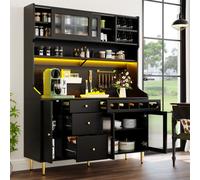 Abrihome Modern Tall Storage Cabinet With Adjustable Shelves & Led Lights, Freestanding Highboard For Kitchen, Dining - 145X39X171Cm, Black