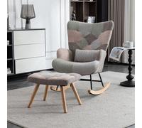Abrihome Rocking Chair, Fabric Relaxing Chair Wingback Accent Chair With Solid Wood Legs, Chair With Footstool And Pillow, Multicolour