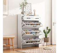 Abrihome Shoe Storage Cabinet With 3 Flip Louvered Doors And 2 Drawers, Narrow Wooden Rack With Adjustable Dividers For Hallway Entryway