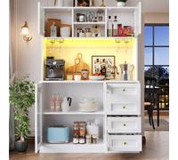 Abrihome Sideboard Storage Cabinet 120X40X188Cm Farmhouse Buffet With Led Lights & Drink Holders, 4 Doors Fluted Glass, White
