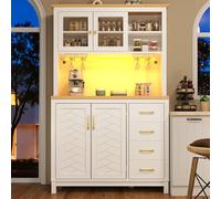 Abrihome Sideboard, Storage Cabinet, Kitchen Cabinet, Buffet Cabinet, Farmhouse Style, 4 Doors, With Led Light Strip & Drink Holders, White