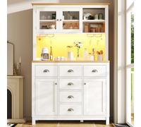 Abrihome Sideboard, Storage Cabinet, Kitchen Cabinet, Buffet Cabinet, Farmhouse Style, 5 Doors, With Led Light Strip & Drink Holders, White
