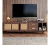 Abrihome Tv Stand Cabient With 2 Drawers, Sliding Doors With Rattan Design, Tv Console, Dark Wood, For Up To 80 Inch Tv