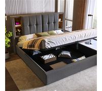 Abrihome Upholstered Bed, Grey Linen Double Bed With Wireless Charging & Hydraulic Storage