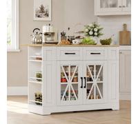 Abrihome Versatile Mobile Kitchen Island With Foldable Top, Power Sockets, Glass Door & Adjustable Shelves, 120X65X92Cm, For Home