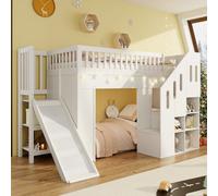 Abrihome White Solid Wood 3Ft Kids Bunk/loft Bed With Led Lights & Storage Stairs - Multifunctional Children's Bed With Fall Protection