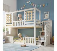 Abrihome White Wooden Bunk Bed For Kids - Tree-House Cabin Bed With Staircase Storage, Twin (90+90)X190 Cm, Solid Wood