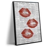 abrtolpffo Black White Newspaper Canvas Wall Art, Fashion Red Kiss Lips Aesthetic Poster, Trendy Girly Sexy Dorm Apartment Picture Painting, Funky Pub Bar Cart Wall Decor 12x16in Unframed