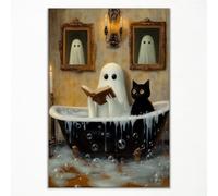 abrtolpffo Cute Halloween Bathroom Canvas Wall Art, Funng Ghost Poster, Black Cat Art, Halloween Ghost Reading Book In Bathtub Poster, Whimsical Gothic Wall Decor for Bathroom 12x16in Unframed