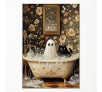 abrtolpffo Cute Halloween Bathroom Canvas Wall Art, Ghost Black Cat In Bathtub Poster, Funy Ghost Black Cat Prints Painting, Funy Bathroom Picture, Whimsical Gothic Wall Decor 12x16in Unframed