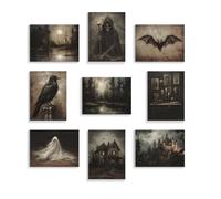 abrtolpffo Gothic Wall Art, 9 Pieces 8x10in Dark Academia Wall Decor, Spooky Ghost Witch Raven Bat Haunted House Pictures, Dark and Moody Forest Landscape Art Gothic Decor