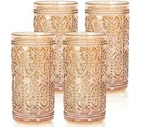 abrwyy Amber Glassware set of 4 Vintage Drinking Glasses, 12oz Amber Heavy Duty Glass Cups, Old Fashioned Glass, Highball Glasses Set for Party Wedding Home Office Glassesware Gift