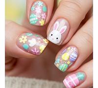 ABS Artificial Nails Featuring Floral Designs and Adorable Rabbits for Easter Celebrations Easter Themed French Nails
