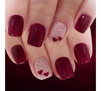 ABS Durability Artificial Nails Red Glitters Hearts Short Square Artificial Light Weights Comfort for Long Lasting Wea Heart Art