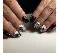 ABS False Nails Winter Theme 24Pcs Black White Snowflake Design Glitters Easy Apply Holiday Decors Winter Press on Nail