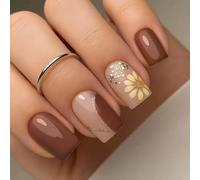 ABS False Nails with Autumn Daisys Patterns Comfortable Adhesive Tips for Daily Use or Special Event Ergonomic Press on Dark Coffee Daisies Curved Shape Break-Resistant