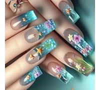 ABS Materials Square Press On Nails Blue Oceans Clownfish Design Glitters French Tip Artificial Nails For Women Party Daily Wear Clownfish False Nail Long Square