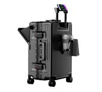 ABS+PC Hard with Universal Wheels Double Lock Lightweight Trolley case, Cup Holder Luggage Suitcase, Front Opening Large Capacity Business Boarding Box (Black)