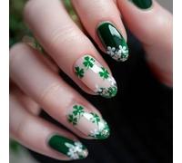 ABS Presses on Nails 24Pcs Decorated in Green and White Glitters Four Leafs Clovers for Festive Look and Good Fortunes Four Leafs Nails