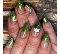 ABS Presses on Nails 24Pcs Decorated in Green Glitters Four Leafs Clovers for Festive Look and Good Fortunes Clovers Pattern for Party Providing Easy Application and Styles