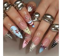 ABS Tip Set 24 Pieces with Long Almond Shape, Mixed Color Star Stripe and Bead Art for Fast Outfit Matching and Event Looks False Tips Wearable Manicure