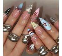 ABS Tip Set 24 Pieces with Long Almond Shape, Mixed Color Star Stripe and Bead Art for Fast Outfit Matching and Event Looks False Tips Wearable Manicure
