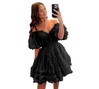 Abschlusskleider Kurze Mini-Cocktail-Abschlussballkleider aus schulterfreiem Tüll für Teenager YIAX82 Black UK30