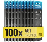 ABSINA 100x LR621 AG1 Battery 1.5V Alkaline - AG1 batteries Leak-Proof & Long-Lasting - LR60 / SR60 / 1175S0 / 164/602 / 364 / V30 / SR621 - AG1 button cell battery, LR621 battery watch batteries