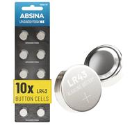 ABSINA 10x AG12 LR43 batteries - 1.5V Alkaline battery leakproof & long-lasting - LR 43/186 / LR1142 / L1142 / V12GA / GPA76 / RW84 - AG12 button cell batteries