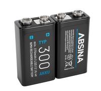 ABSINA 2x 9V battery rechargeable type 300 with Low Self-Discharge - Rechargeable 9V batteries NiMH with at least 270mAh & 8.4V - 9V rechargeable batteries - Rechargeable battery 9V - 9V akku
