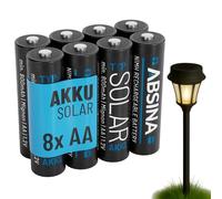 ABSINA 8 x Solar Batteries AA Rechargeable 800 mAh 1.2 V NiMH - Mignon AA Solar Batteries for Solar Lights - Solar Batteries AA with Low Self-Discharge