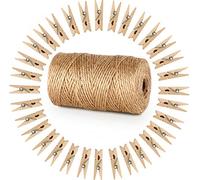 ABSOFINE 100Pcs Mini Wooden Pegs with 328 Feet/100M Jute Twine, 3.5cm Mini Pegs for Hanging Photos,Small Natural Wooden Craft Clothespins Craft Clips for DIY Gardening Making Decor