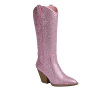 ABSOLEX Women Western Cowgirl Cowboy Pointed Toe Rhinestone Knee High Boots, Dark Pink, 6 UK