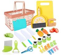 absolove 28PCS Plastic Cooking Knife Set, Mini Chef Knife Set, Cooking Tool Kitchen Utensils with Knife, Crinkle Cutter, Cutting Board, Storage Basket Perfect for Vegetables Fruits Salad Cake Sandwich