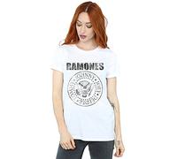 Absolute Cult Ramones Women's Distressed Black Seal Boyfriend Fit T-Shirt White Medium