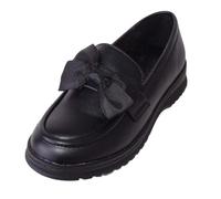 ABSOLUTE FOOTWEAR Childrens Kids Girls Easy Slip On Faux Leather Smart School Shoes with Bow Design - Black Patent - UK 1