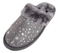 ABSOLUTE FOOTWEAR Childrens Kids Girls Slip On Open Back Faux Fur Mule Slippers with Star Design - Dark Grey - UK 4 / EU 37