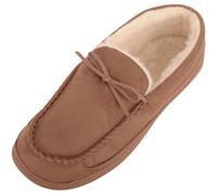 ABSOLUTE FOOTWEAR Mens Easy Slip On Moccasin Style Winter Slipper with Faux Fur Inner - Cognac - UK 9 / EU 43