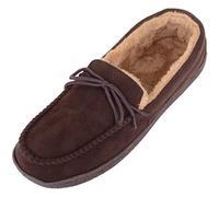 ABSOLUTE FOOTWEAR Mens Slip On Moccasin Style Slipper with Fleece Lining and Lace Up Design - Brown - UK 12 / EU 46