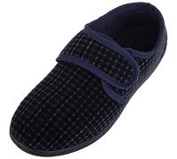 ABSOLUTE FOOTWEAR Mens Slip On Velour Style Checked Slipper with Touch and Close Fastening - Navy - UK 12 / EU 46