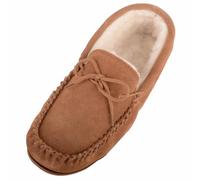 ABSOLUTE FOOTWEAR Mens Wool Lined Suede Moccasin with Lace Detail and Rubber Sole - Chestnut - UK 6 / EU 40