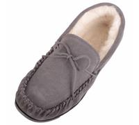 ABSOLUTE FOOTWEAR Mens Wool Lined Suede Moccasin with Lace Detail, Rubber Sole, Grey, UK 10 / EU 44